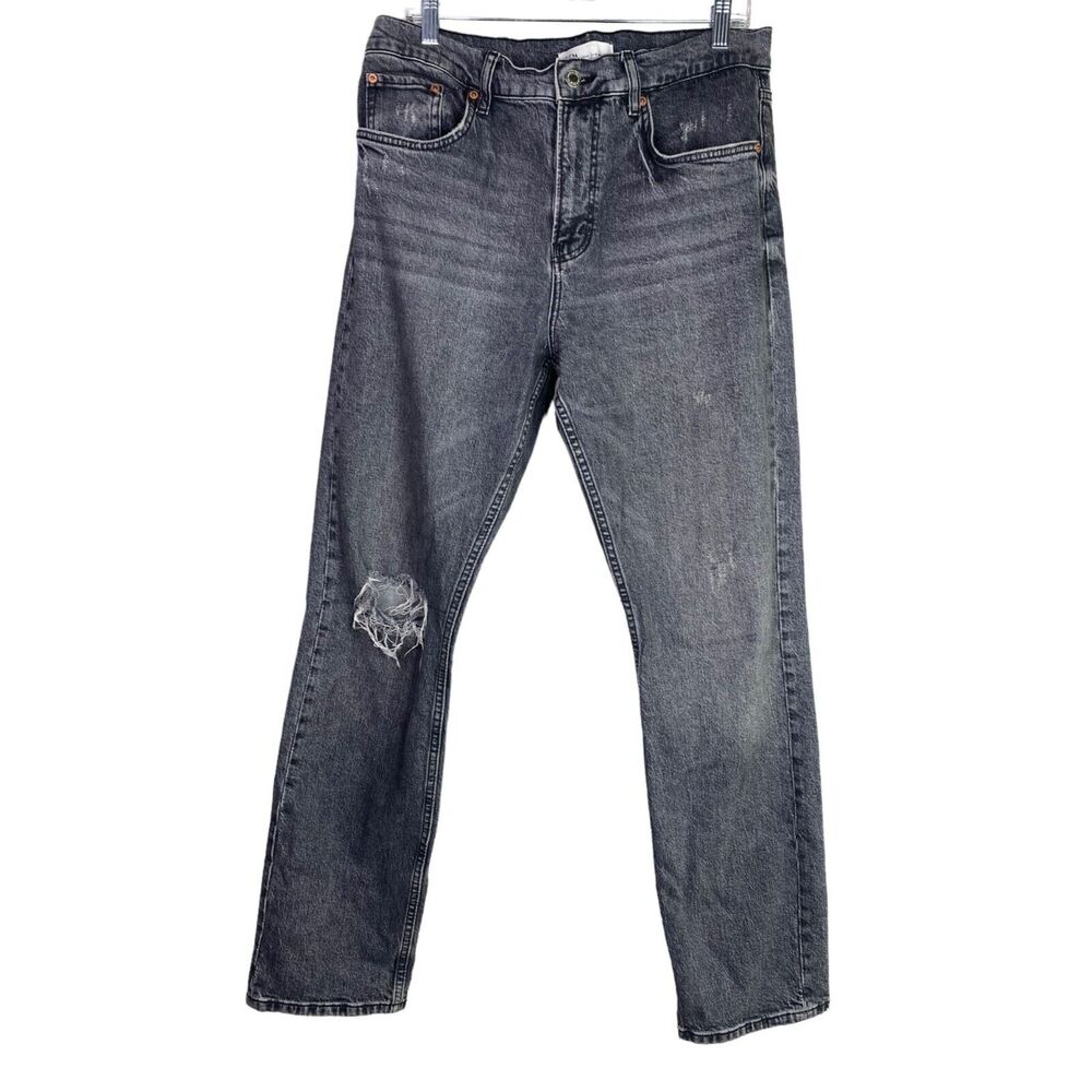 ZARA Distressed Straight Full Length Leg High Rise Stretch Jean 10 Washed Gray